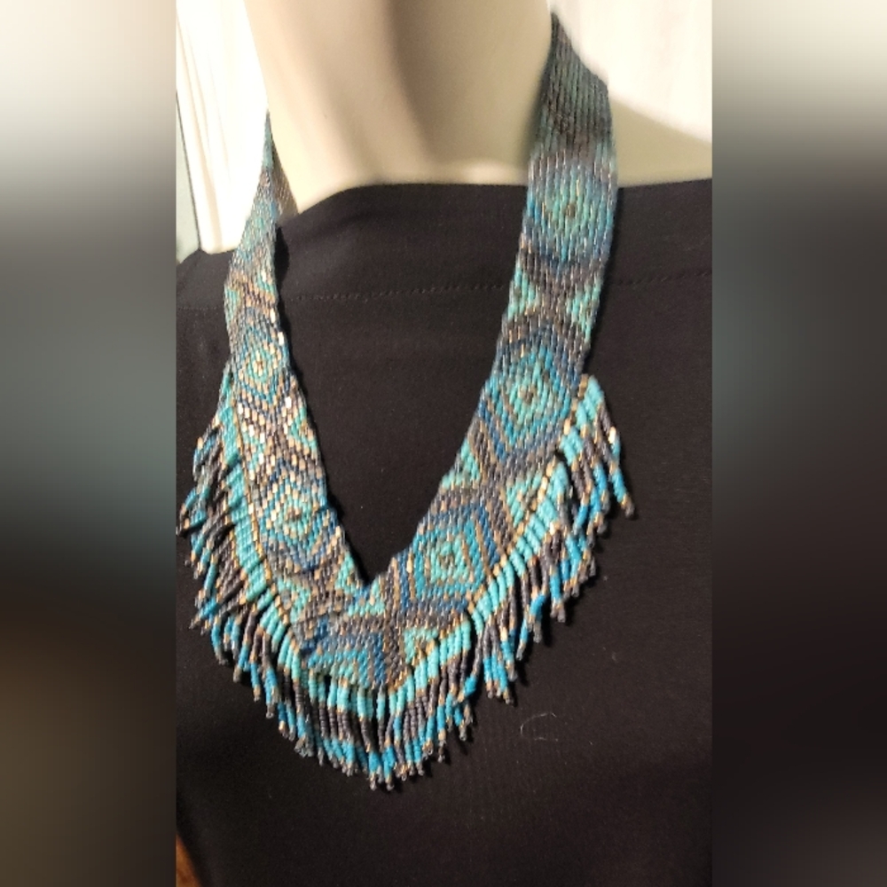 Native American Style Woven Turquoise And Bronze Bead Fringe Tribal Necklace - Picture 9 of 10